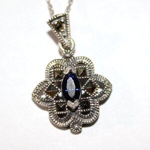 Sterling Silver Blue Cubic Zirconia & Marcasite Necklace